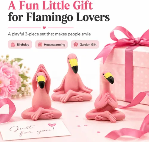 Vista 3 de Goodeco Mini figuras de flamenco de yoga de 2.4 pulgadas, pequeños regalos caprichosos Kawaii Pink Flamingo Decoración de escritorio, juego de 3
