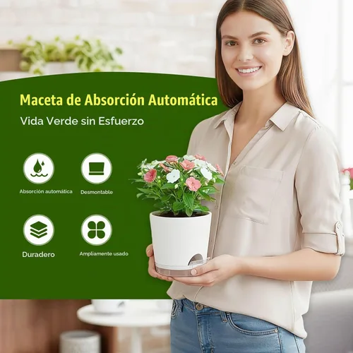 Vista 2 de Macetas de riego automático de 7 pulgadas, paquete de 6 macetas de plástico con agujeros de drenaje y platillos transparentes, macetas de plástico