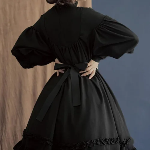 Vista 3 de Vestido gótico negro para mujer, vestido Lolita de manga abombada, vestido victoriano corto con volantes, vestido de té renacentista