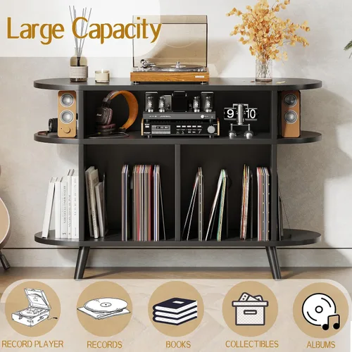 Vista 5 de LIVEHOM Soporte redondo grande para tocadiscos, armario de almacenamiento de discos de madera, soporte para discos de vinilo con área