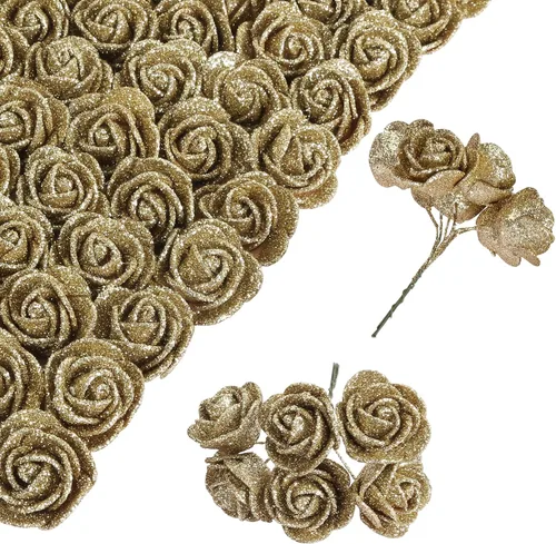 Vista 17 de Ramo de rosas negras con purpurina, 72 piezas de rosas artificiales de espuma con tallos para bricolaje, boda, hogar, fiesta, Navidad, Halloween 72