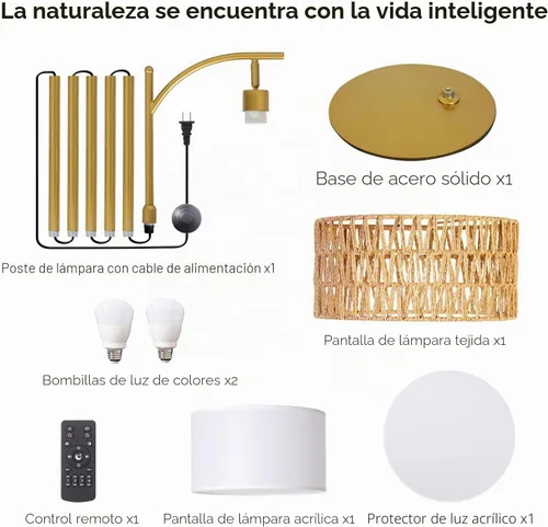 Vista 6 de Lámpara de pie de ratán bohemio para sala de estar - Diseño de arco dorado, LED 12W (1 en uso + 1 de repuesto), control remoto y regulable de 3