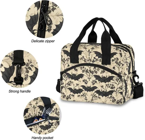 Vista 4 de MNSRUU Bolsa de almuerzo aislada murciélagos y flores vintage mujeres hombres tela tote enfriadora para cena bolsa reutilizable a prueba de fugas