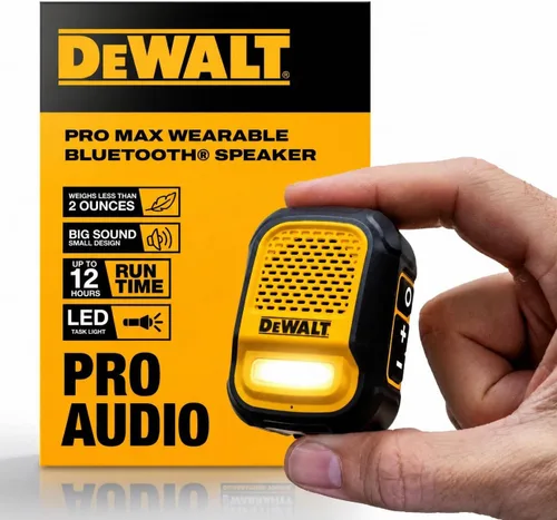 Vista 11 de DEWALT Altavoz Bluetooth Portátil Vestible [Edición Onyx - Negro] Altavoz Portátil Inalámbrico con Clip para Sitio de Trabajo Pro Resistente al Agua
