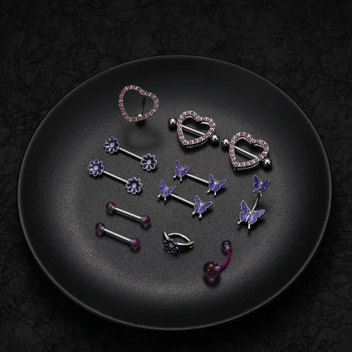 Vista 6 de ORAZIO Anillos de pezón de acero quirúrgico 14G para mujer, anillo de ombligo de mariposa, margarita, flor, pezón, barras de pezón, circonita