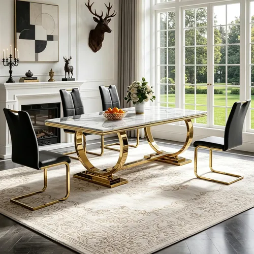 Vista 29 de 5 Piece Black Marble Dining Table Set for 4, Modern Faux Marble Kitchen Dining Room Tables with 4 Leather Chairs Set, 68.11" Luxury Rectangular