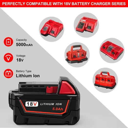 Vista 4 de Worthmah Paquete de 2 baterías de 5.0Ah 18V y cargador de repuesto para batería Milwaukee M18 48-11-1850, compatible con cargador de batería m18
