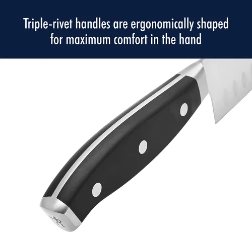 Vista 7 de Henckels Cuchillo Santoku Forjado Premio de Borde Hueco, 7 pulgadas, Negro/Acero Inoxidable