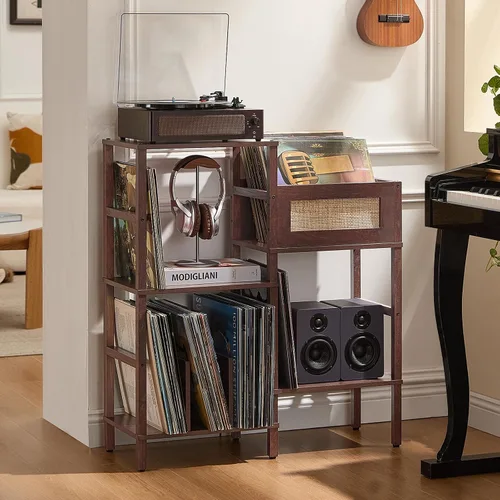 Vista 12 de LELELINKY Soporte para Tocadiscos, Soporte para Discos de Madera Marrón con Almacenamiento de Vinilo con Capacidad para hasta 300+ Álbumes, Mesa