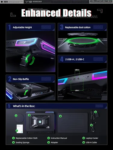 Vista 6 de llano V10 Almohadilla de Refrigeración para Laptop de Juegos, Enfriador de Laptop RGB con Potente Ventilador Turbo Externo de 4.72 Pulgadas
