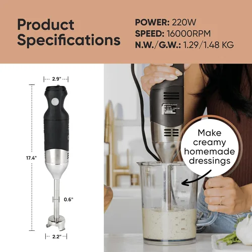 Vista 7 de Batidora de inmersión de mano de 220 W, acero inoxidable de 7 pulgadas con 8 velocidades, 110 V + cobertura de 1 año y soporte de chef profesional