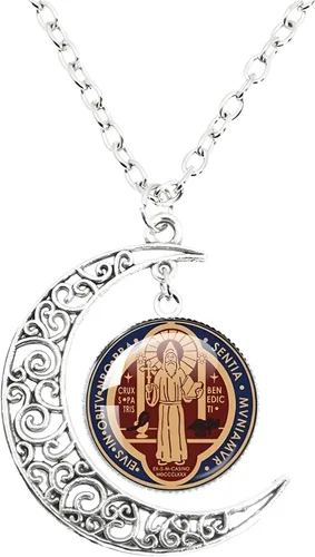 Vista 5 de Collar de plata de ley 925 de San Benito Medallón luminoso de San Benito Collar de Luna Católica Colgante San Benito Joyería medalla de san benito