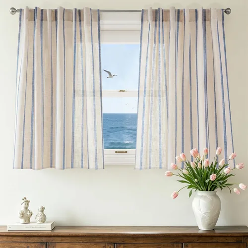 Vista 106 de DriftAway Cortinas de estilo granja con rayas verticales de lino mezclado texturizado con filtro de luz semitransparente para sala de estar