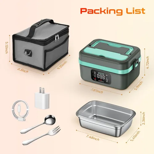 Vista 6 de Fiambrera eléctrica sin cable para almuerzo con calefacción para hombres, adultos y mujeres, batería recargable con calefacción automática