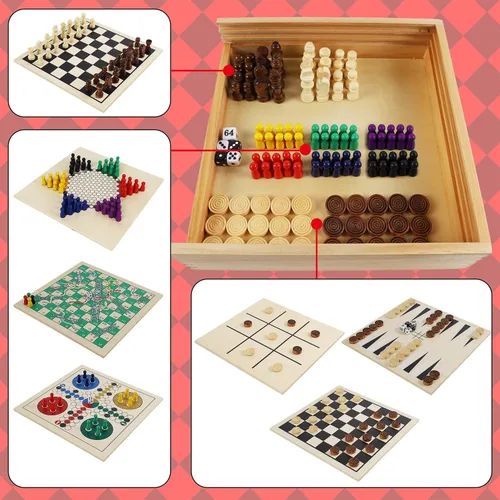 Vista 3 de Juegoal Juego de mesa de madera 7 en 1 para niños y adultos, juego de mesa clásico de viaje portátil