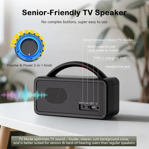 Vista 4 de Altavoces de TV inalámbricos de 5.8 GHz para personas mayores con dificultades auditivas, altavoz de TV portátil amplifica el sonido de TV