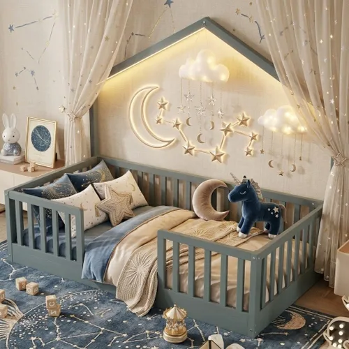 Vista 11 de Cama Montessori Full con rieles altos y luz LED, color blanco