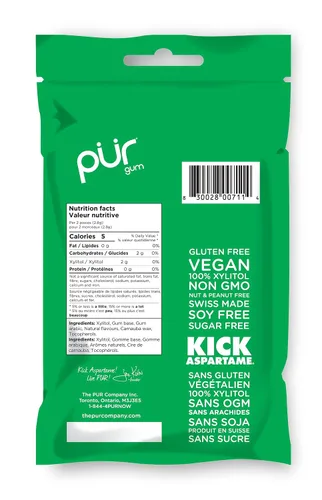 Vista 2 de PUR Goma de mascar 100% xilitol, menta verde, azúcar + aspartamo, vegano + sin OMG, 72