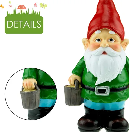 Vista 3 de Figura de gnomo de jardín de poliresina para adornos de césped, decoración de interiores o exteriores, 11 pulgadas de alto, cubo