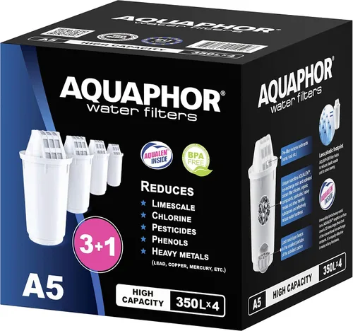 Vista 2 de AQUAPHOR Cartucho de filtro A5 Pack 3+1 Filtros de cal, cloro, metales pesados 350L de agua clara Tecnología AQUALEN para un mejor sabor