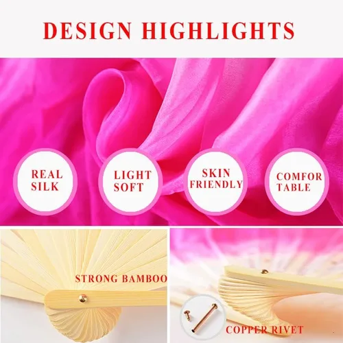 Vista 3 de Nimiman Women Real Silk 1 Pair 40cm(15.7") Colorful Belly Dancing Silk Bamboo Veils Dance Short Fan Veil Gradient