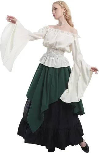Vista 2 de CR ROLECOS Disfraz renacentista para mujer, vestido medieval campesino, manga trompeta, camisa y falda victoriana
