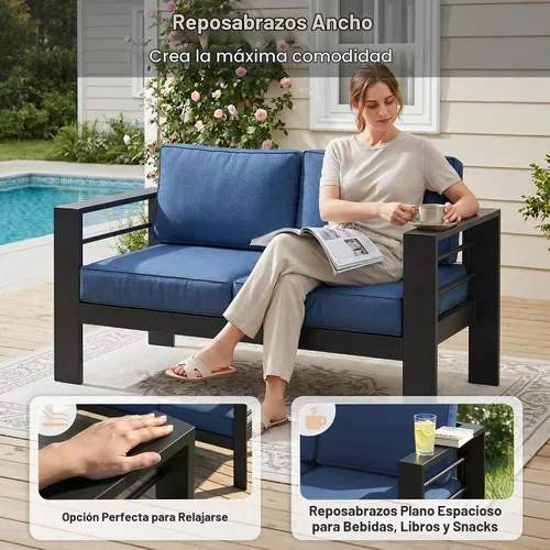 Vista 3 de Solaste Muebles de sofá de aluminio para patio, resistentes a la intemperie, azul Negro+Azul