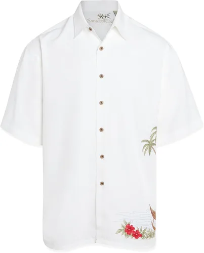 Vista 8 de Bamboo Cay Camisa de campamento tropical con botones bordados y manga corta para hombre Dancing Hula Negro
