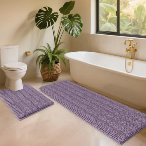 Vista 18 de ACCUMTEK - Juego de alfombras de baño a rayas beige de 3 piezas, ultrasuaves, antideslizantes de chenilla, alfombras de baño mullidas y absorbentes