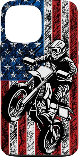 Vista 23 de Funda vintage con bandera estadounidense para iPhone 16 Motocross Dirt Bike