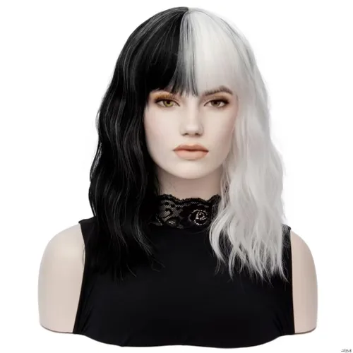 Vista 2 de 6 Pieces Short Black and White Wig with Faux Shawl, Red Gloves, Costume Holder, Pearl Necklace and Wig Cap for Halloween Costume Women