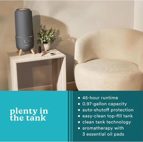 Vista 6 de Homedics - Humidificador ultrasónico, para dormitorios y oficinas en casa, tanque de 0.97 galones, tiempo de funcionamiento de 45 horas, vapor frío