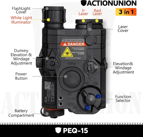 Vista 2 de ACTIONUNION Airsoft PEQ-15 - Láser IR + láser rojo visible + linterna LED blanca Visible Red Laser + Invisible IR Laser + LED Flashlight, with