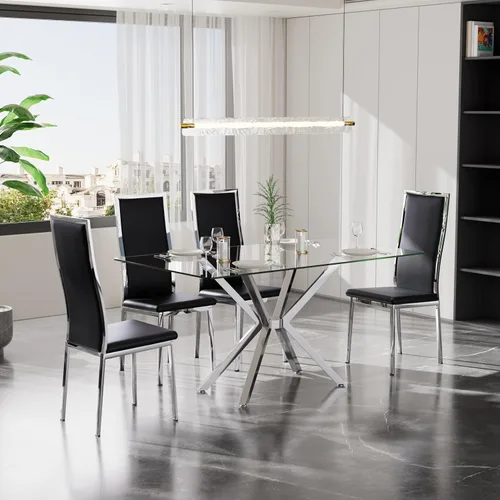 Vista 8 de Juego de 4 mesas de comedor de cristal negro, mesa de cocina minimalista moderna de 47 pulgadas con 4 sillas de comedor clásicas negras y plateadas