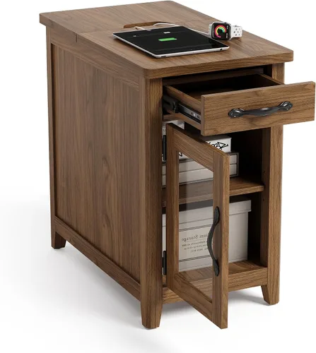 Vista 17 de LINSY HOME - Mesa auxiliar con estación de carga, mesa lateral para dormitorio con cajón y soporte desmontable, estante de almacenamiento con puerta