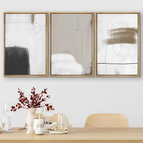 Vista 355 de SIGNFORD - Set de obras de arte en lienzo enmarcado para pared, ilustraciones abstractas de neblina del desierto en tonos neutros beige y marrón