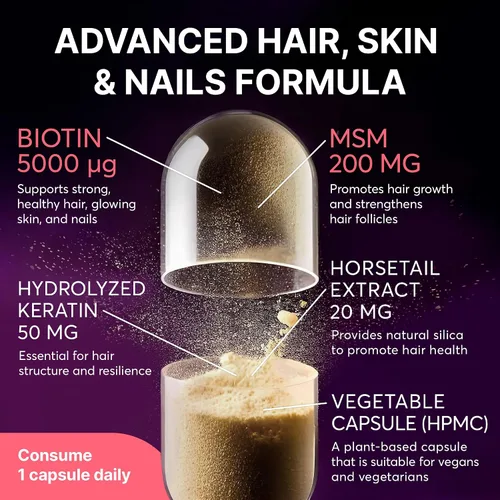 Vista 5 de Complejo vitamínico capilar con biotina 5000mcg, queratina, selen, zink Suplemento para el crecimiento del cabello con vitamina A, C, D, E, B12