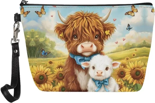 Vista 18 de Howilath Abstract Art Cat Cosmetic Pouch for Women PU Leather Toiletry Storage Bag Trapezoid Makeup Bags with Wrist Strap