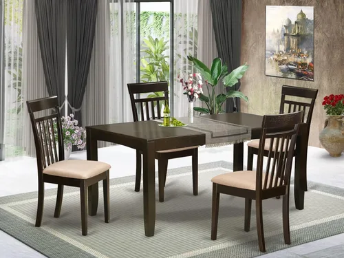 Vista 2 de East West Furniture LYCA5-CAP-C - Juego de mesa de comedor moderno de 5 piezas, incluye una mesa rectangular de madera con hoja de mariposa y 4