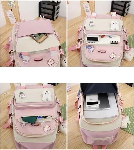Vista 6 de Juego de 5 mochilas kawaii lindas con alfileres colgantes de oso, suministros de regreso a clases, bolsa escolar de lona de anime, Rosado, Mochilas