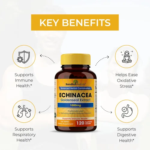 Vista 4 de SANDHUHERBALS Echinacea Goldenseal 1000 mg 120 cápsulas Apoyo del sistema inmunológico Respuesta respiratoria Suplemento de respuesta inflamatoria