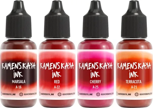 Vista 10 de Juego de tinta de alcohol Kamenskaya #10: Combinación de colores combinados de tintas de alcohol, 4 piezas. 0.51 fl oz (15 ml) cada una