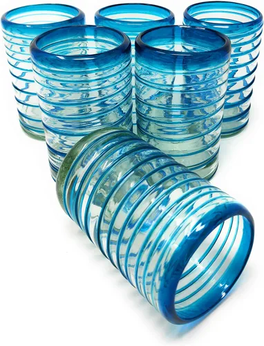 Vista 4 de Dos Sueños Vasos mexicanos soplados a mano, juego de 6 vasos con un diseño de espiral aguamarina (14 onzas cada uno)
