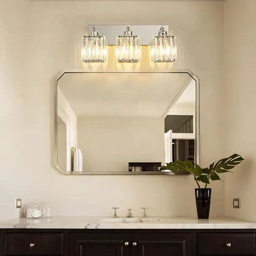 Vista 2 de Moderna lámpara de tocador de baño de 3 luces de cristal cromado moderno sobre espejo cromado iluminación de tocador de cristal aplique de pared