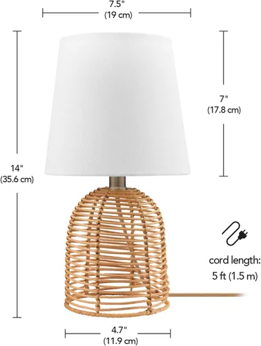 Vista 7 de GLOBE 61000047 - Lámpara de mesa eléctrica de 14 pulgadas, base de ratán, pantalla de lino blanco, interruptor giratorio de encendido/apagado