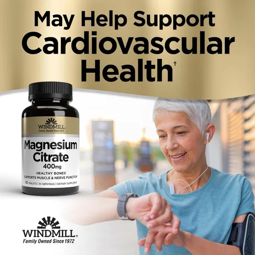 Vista 3 de Windmill Vitaminas naturales citrato de magnesio 400 mg, apoyo inmunológico, apoya la recuperación muscular, apoya la salud del corazón, 60