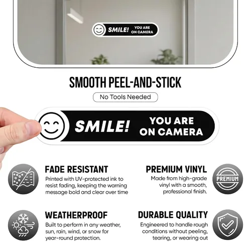 Vista 5 de Calcomanías para cámara Smile You're On (8 piezas) – Adhesivo fuerte, resistente al agua, letreros de «You are on» Tamaño 5 x 1 pulgadas. Adhesivos
