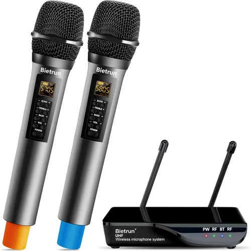 Vista 11 de Bietrun - Sistema de micrófono inalámbrico XLR, rango de 165 pies, micrófono de mano dinámico de metal dual UHF profesional inalámbrico con cable