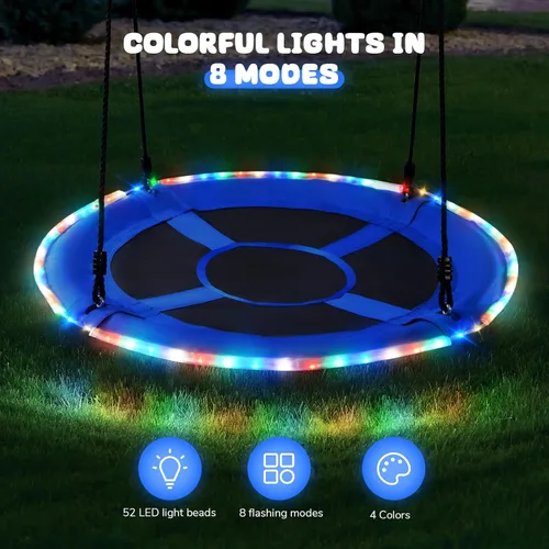 Vista 2 de Trekassy Columpio de árbol de platillo de 40 pulgadas con luces LED para niños y adultos, al aire libre, 2 correas para colgar en árboles, color azul