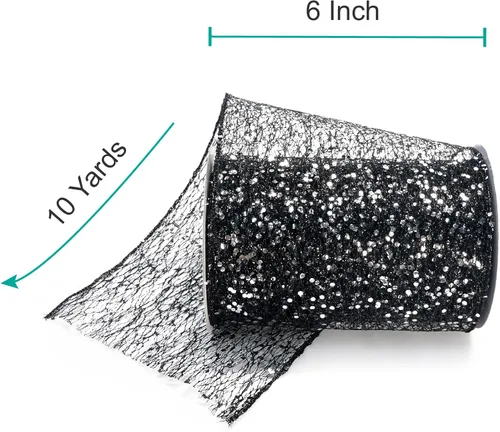 Vista 2 de Cinta con alambre de malla brillante con purpurina de 6 x 10 yardas, color negro para decoración del hogar, lazo para envolver regalos